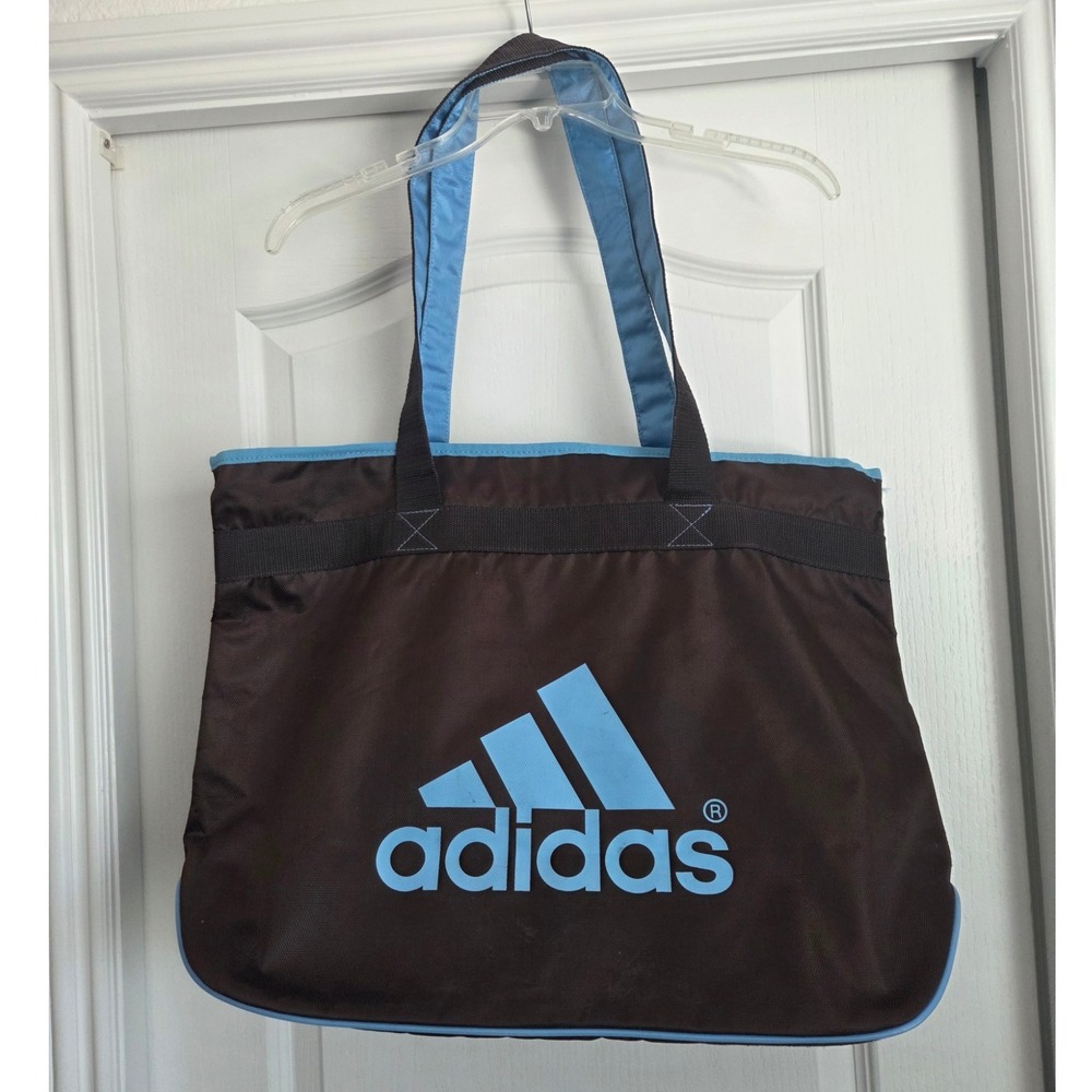 Adidas Tote Bag Brown‎ Blue Large Logo Zip Closure Travel Gym Weekender
